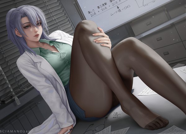 Anime picture 1200x869 with rikei ga koi ni ochita no de shoumeishitemita himuro ayame sciamano240 single long hair looking at viewer fringe blue eyes light erotic hair between eyes sitting signed payot silver hair indoors parted lips fingernails lips realistic arm support