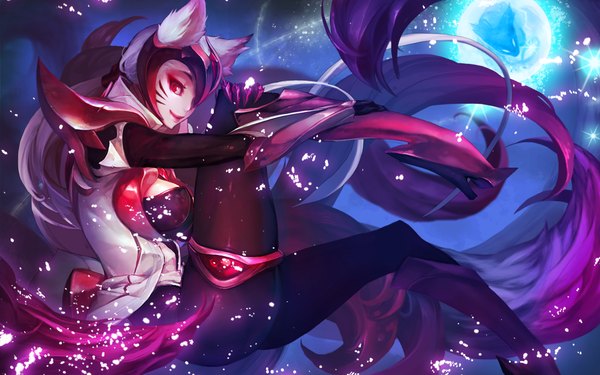 Anime picture 1024x640 with league of legends ahri (league of legends) dutomaster single long hair looking at viewer smile red eyes animal ears white hair tail fox girl multiple tails girl