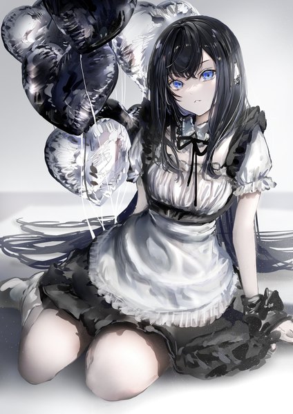 Anime picture 2896x4096 with original nanaponi single tall image fringe highres blue eyes black hair hair between eyes sitting looking away very long hair arm support maid puffy sleeves expressionless yokozuwari girl uniform heart