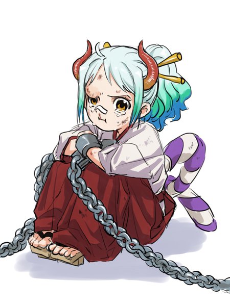 Anime picture 2048x2732 with one piece toei animation yamato (one piece) 4myaku1 single tall image highres short hair simple background white background sitting silver hair full body ahoge ponytail traditional clothes japanese clothes horn (horns) orange eyes tears