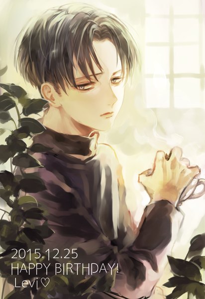 Anime picture 619x900 with shingeki no kyojin production i.g levi (rivaille) mln single tall image short hair black hair sitting looking away grey eyes character names dated portrait steam happy birthday sad boy plant (plants) window