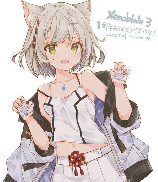 Anime picture 1733x2000 with xenoblade xenoblade 3 mio (xenoblade) saekiya sabou single tall image looking at viewer highres short hair open mouth simple background white background animal ears yellow eyes :d grey hair open jacket copyright name dated claw pose