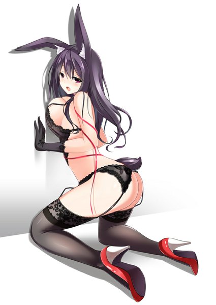 Anime picture 708x1000 with original fatkewell single long hair tall image looking at viewer blush breasts open mouth light erotic red eyes large breasts animal ears purple hair ass high heels kneeling turning head against wall girl