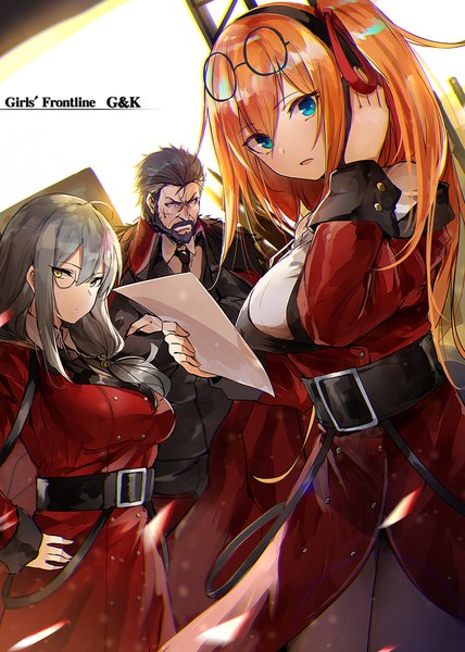 Anime picture 800x1122 with girls frontline kalina (girls frontline) helianthus (girls frontline) berezovich kryuger (girls frontline) luse maonang long hair tall image looking at viewer fringe short hair breasts blue eyes black hair hair between eyes large breasts multiple girls holding yellow eyes payot ahoge