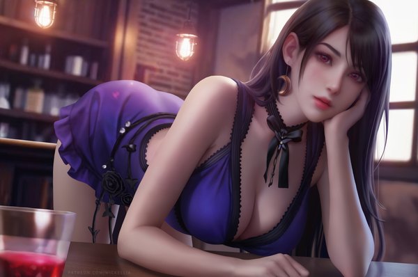 Anime picture 6144x4080 with final fantasy final fantasy vii square enix tifa lockhart wickellia single long hair highres breasts light erotic black hair red eyes large breasts standing absurdres cleavage indoors parted lips head tilt realistic