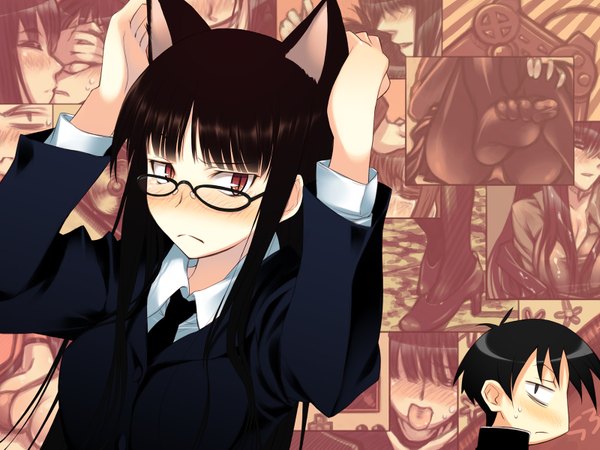 Anime picture 1600x1200 with animal ears cat girl girl glasses masaaki zama
