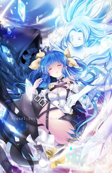 Anime picture 900x1391 with guilty gear dizzy (guilty gear) ayasal long hair tall image fringe light erotic twintails blue hair sky cleavage lying eyes closed parted lips hug thighs sleeping weightlessness knees together feet apart girl