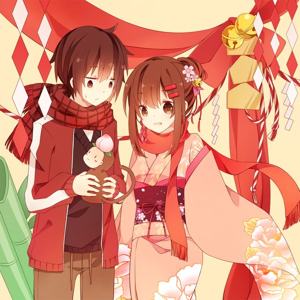 Anime picture 1000x1000 with kagerou project shaft (studio) tateyama ayano kisaragi shintarou hyou long hair blush fringe short hair open mouth smile hair between eyes brown hair holding brown eyes payot ahoge traditional clothes japanese clothes hair flower