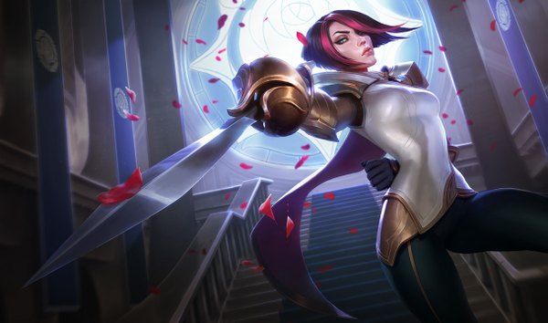 Anime-Bild 1215x717 mit league of legends fiora (league of legends) single looking at viewer fringe short hair breasts blue eyes black hair wide image pink hair multicolored hair lips hair over one eye two-tone hair official art streaked hair fighting stance girl weapon