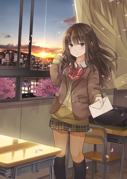 Anime picture 600x848 with original niichi (komorebi-palette) single long hair tall image looking at viewer blush black hair brown eyes sky cloud (clouds) wind evening sunset girl skirt uniform school uniform miniskirt petals