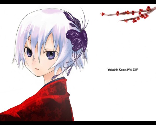 Anime picture 1280x1024 with tsukamoto miei single looking at viewer fringe short hair open mouth hair between eyes white background purple eyes silver hair upper body traditional clothes japanese clothes letterboxed 2007 girl hair ornament headdress kimono branch