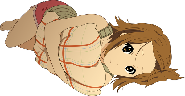 Anime picture 4000x2073 with k-on! kyoto animation tainaka ritsu dekodere single looking at viewer highres short hair brown hair wide image brown eyes absurdres full body lying barefoot light smile on side transparent background vector pillow hug