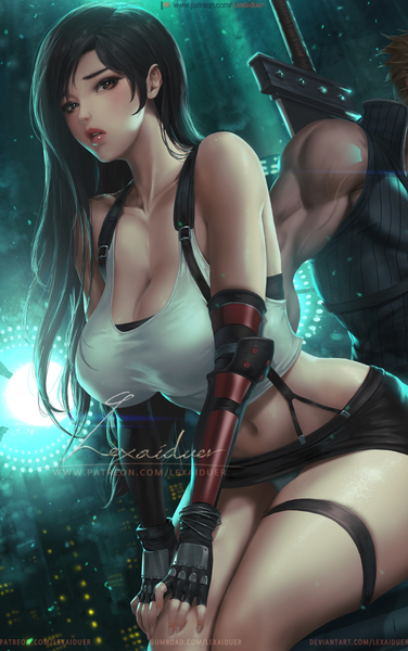 Anime picture 627x1000 with final fantasy final fantasy vii square enix tifa lockhart cloud strife lexaiduer long hair tall image looking at viewer blush fringe short hair breasts open mouth light erotic black hair brown hair large breasts sitting bare shoulders