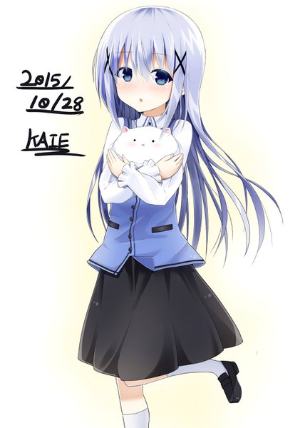 Anime picture 1000x1400 with gochuumon wa usagi desu ka? white fox kafuu chino kaie single long hair tall image looking at viewer blush fringe blue eyes simple background hair between eyes standing white background holding signed silver hair parted lips :o