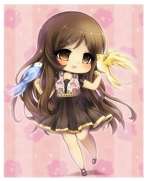 Anime picture 776x949 with midna01 single long hair tall image blush open mouth smile brown hair brown eyes chibi framed bird on hand girl dress hair ornament animal hairclip bird (birds)