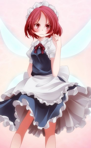 Anime picture 1000x1618 with touhou fairy maid s-syogo single tall image blush short hair red eyes red hair maid girl dress wings headdress maid headdress