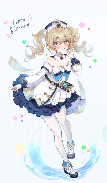 Anime picture 1000x1718 with genshin impact barbara (genshin impact) mihan77108047 single long hair tall image looking at viewer blush fringe blue eyes blonde hair smile hair between eyes twintails full body drill hair happy birthday girl detached sleeves pantyhose
