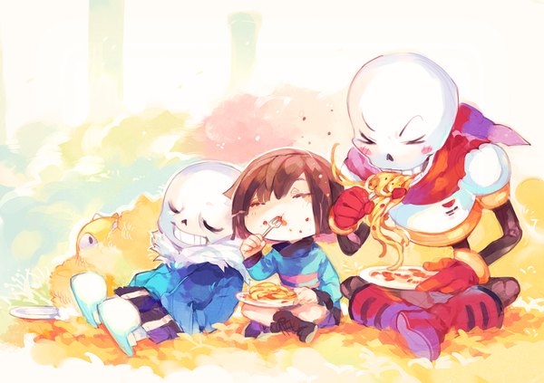 Anime picture 1116x787 with undertale frisk (undertale) sans (undertale) papyrus (undertale) mii (chibinomi) blush short hair smile brown hair sitting eyes closed multiple boys grin eating hands in pockets indian style androgynous > < food on face peeking