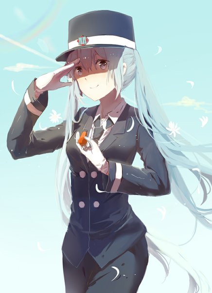 Anime picture 800x1100 with vocaloid hatsune miku huahua single long hair tall image looking at viewer fringe twintails holding sky cloud (clouds) aqua eyes light smile aqua hair salute girl gloves uniform necktie