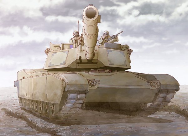 Anime picture 1200x873 with original earasensha sky cloud (clouds) military field weapon gun ground vehicle tank caterpillar tracks