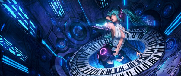 Anime picture 1860x786 with vocaloid vocaloid append hatsune miku hatsune miku (append) ishutani (artist) single long hair highres open mouth wide image twintails aqua eyes hand on face girl navel detached sleeves headphones