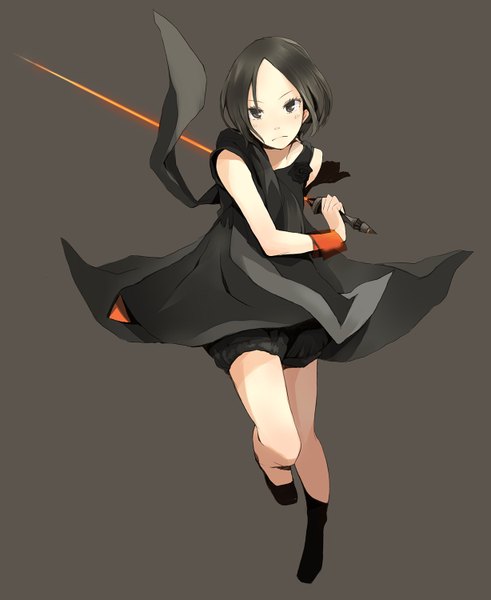 Anime picture 1227x1500 with perfume (group) ayano omoto (nocchi) yoshito (u10) single tall image short hair simple background brown hair bare shoulders brown eyes girl dress flower (flowers) weapon shorts laser