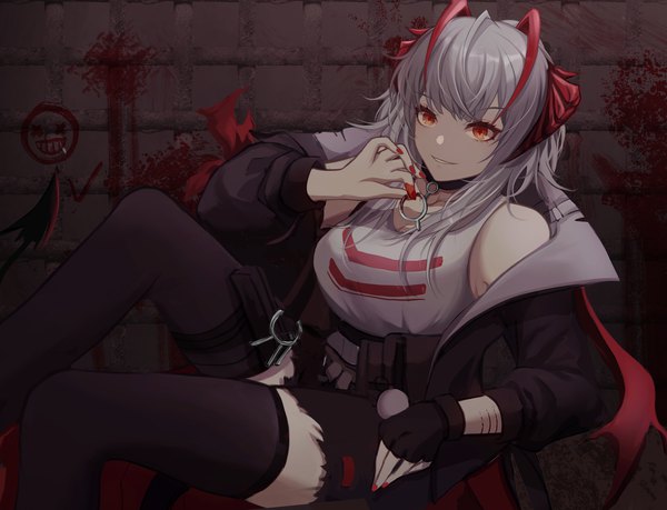 Anime picture 1448x1107 with arknights w (arknights) qianxiaxiale single fringe short hair smile red eyes sitting looking away silver hair tail blunt bangs nail polish horn (horns) light smile demon tail red nail polish demon brick wall