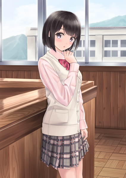 Anime picture 1024x1449 with original yukimaru217 single tall image looking at viewer blush short hair open mouth black hair black eyes girl skirt uniform school uniform