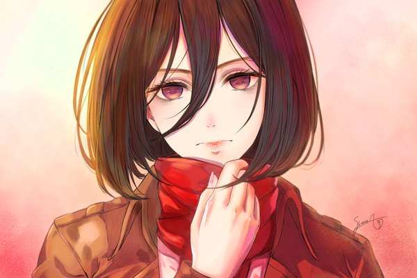 Anime picture 1800x1200 with shingeki no kyojin production i.g mikasa ackerman loann single looking at viewer fringe highres short hair black hair simple background hair between eyes red eyes signed upper body head tilt girl scarf red scarf