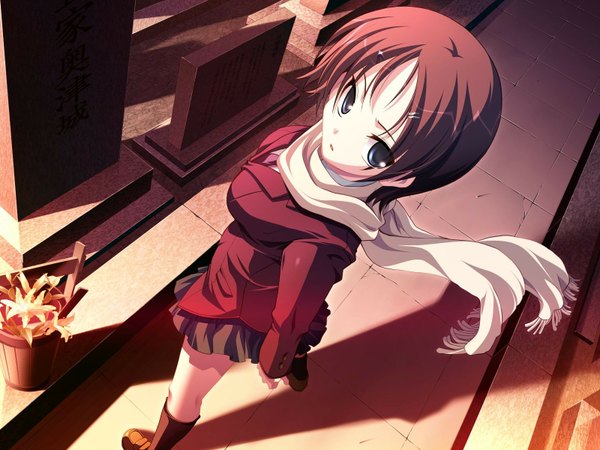 Anime picture 1600x1200 with shirogane no soleil skyfish (studio) tsurugi hagane single short hair breasts blue eyes brown hair large breasts game cg outdoors parted lips pleated skirt from above wind shadow looking up girl skirt uniform