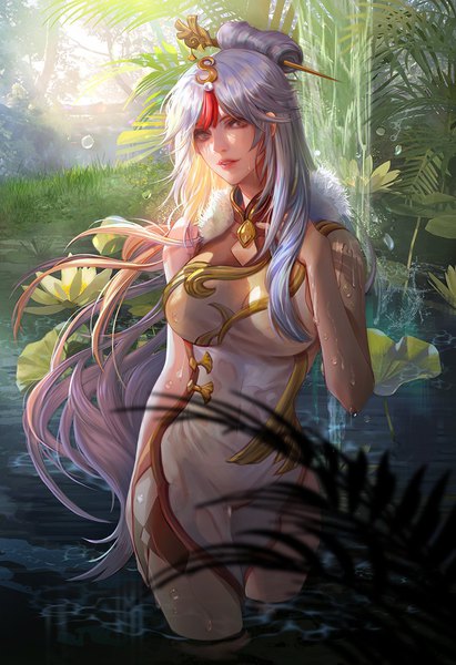 Anime picture 975x1425 with genshin impact ningguang (genshin impact) jiuge single long hair tall image looking at viewer fringe breasts light erotic red eyes large breasts standing payot silver hair outdoors traditional clothes parted lips sunlight blurry