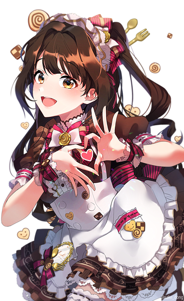 Anime picture 1650x2700 with idolmaster idolmaster cinderella girls shimamura uzuki sake dong single long hair tall image open mouth brown hair brown eyes signed looking away :d puffy sleeves twitter username one side up heart hands girl heart wrist cuffs