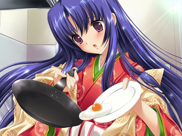 Anime picture 1024x768 with houou senki maimu long hair blush open mouth brown eyes game cg purple hair girl food