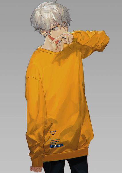 Anime picture 1112x1570 with original hirota tsuu single tall image looking at viewer fringe short hair simple background hair between eyes standing silver hair grey background piercing ear piercing covered mouth silver eyes casual boy ring