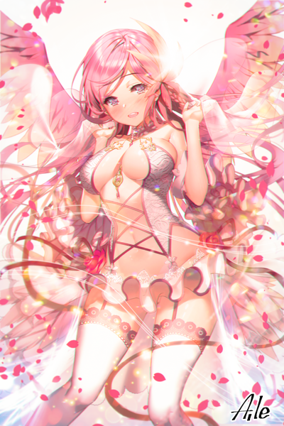 Anime picture 600x900 with original aile (crossroads) single long hair tall image looking at viewer blush breasts open mouth light erotic standing purple eyes signed pink hair braid (braids) arms up sideboob angel wings anaglyph angel