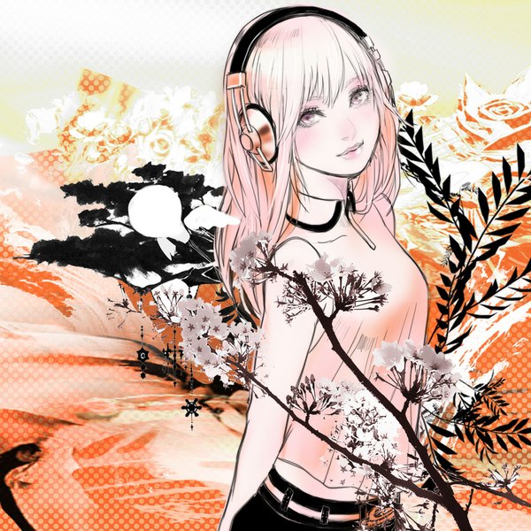 Anime picture 1000x1000 with vocaloid megurine luka taka (frostbite) single long hair looking at viewer blush bare shoulders pink hair pink eyes girl flower (flowers) headphones branch