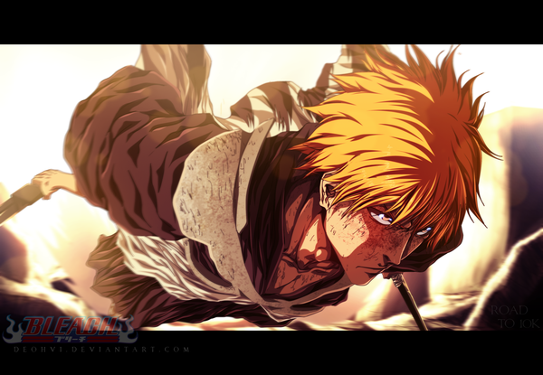 Anime picture 3300x2287 with bleach studio pierrot kurosaki ichigo deohvi single highres short hair holding absurdres traditional clothes japanese clothes sunlight orange hair inscription orange eyes coloring watermark letterboxed dual wielding boy