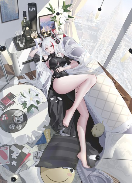 Anime picture 4500x6200 with azur lane manjuu (azur lane) prinz eugen (azur lane) prinz eugen (cordial cornflower) (azur lane) rib (rib delesetong) single long hair tall image looking at viewer fringe highres breasts open mouth light erotic red eyes bare shoulders absurdres full body ahoge bent knee (knees)