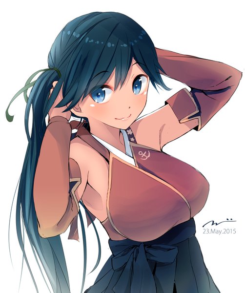 Anime picture 1766x2111 with kantai collection houshou light aircraft carrier tebi (tbd11) single long hair tall image looking at viewer fringe highres breasts blue eyes simple background smile large breasts white background signed blue hair side ponytail adjusting hair girl