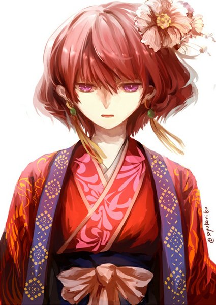 Anime picture 567x800 with akatsuki no yona studio pierrot yona (akatsuki no yona) sayokariko single tall image looking at viewer fringe short hair simple background white background purple eyes signed red hair traditional clothes parted lips japanese clothes hair flower wind princess