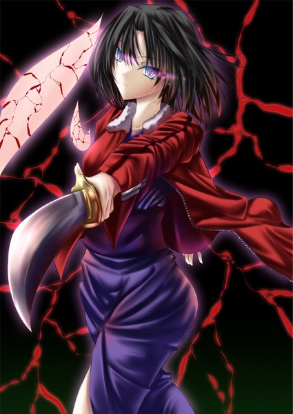 Anime picture 709x1000 with kara no kyoukai type-moon ryougi shiki akeyama kitsune single tall image looking at viewer fringe short hair breasts blue eyes black hair simple background hair between eyes standing holding long sleeves traditional clothes japanese clothes open jacket
