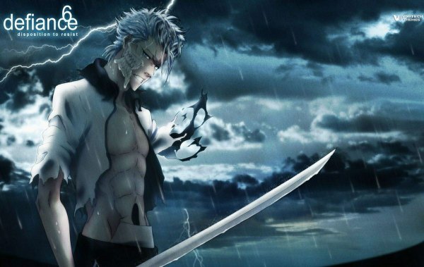 Anime picture 1200x758 with bleach studio pierrot grimmjow jeagerjaques single short hair blue eyes sky cloud (clouds) white hair inscription torn clothes lightning espada boy weapon sword katana mask