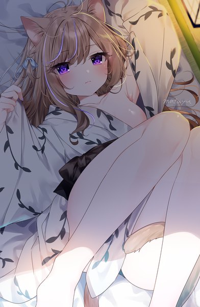 Anime picture 1462x2235 with original leo (mafuyu) mafuyu (chibi21) single long hair tall image looking at viewer blush fringe breasts light erotic brown hair purple eyes signed animal ears bent knee (knees) tail lying nail polish traditional clothes