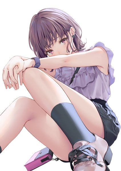Anime picture 828x1171 with original geroro single tall image looking at viewer short hair simple background brown hair white background sitting pink eyes sleeveless lacing covered mouth convenient leg girl earrings bag clock blouse