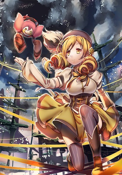Anime picture 700x1000 with mahou shoujo madoka magica shaft (studio) tomoe mami charlotte (madoka magica) suou sakura long hair tall image blonde hair smile twintails yellow eyes looking away sky cloud (clouds) wind drill hair underbust girl thighhighs skirt