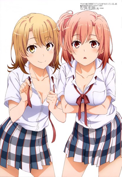 Anime picture 4092x5926 with yahari ore no seishun love comedy wa machigatteiru. megami magazine brains base (studio) yuigahama yui isshiki iroha tall image blush highres short hair open mouth light erotic red eyes brown hair multiple girls brown eyes pink hair absurdres official art girl skirt