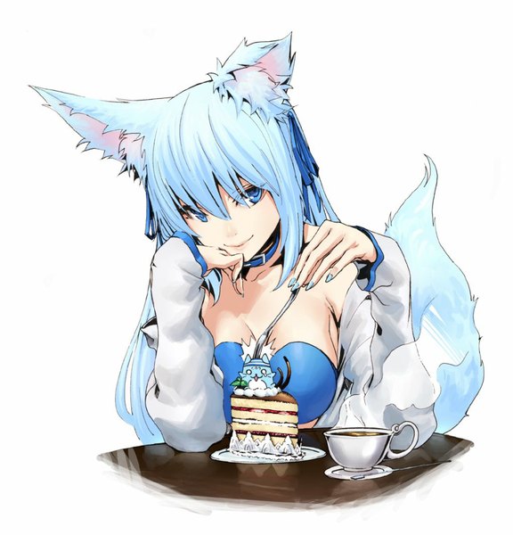 Anime picture 1018x1059 with original luen kulo single long hair tall image looking at viewer breasts blue eyes simple background smile large breasts white background bare shoulders animal ears blue hair tail nail polish animal tail cat ears open clothes