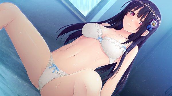 Anime picture 1280x720 with boku no hitori sensou akabei soft2 inuzuka rumi single long hair looking at viewer blush breasts light erotic black hair red eyes wide image game cg underwear only girl navel hair ornament underwear panties lingerie