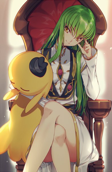 Anime picture 600x920 with code geass sunrise (studio) c.c. cheese-kun creayus single long hair tall image looking at viewer fringe breasts smile hair between eyes sitting yellow eyes bent knee (knees) long sleeves head tilt green hair crossed legs