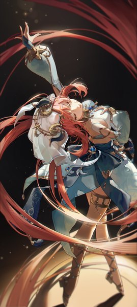 Anime picture 3000x6689 with genshin impact nilou (genshin impact) sssong aa single tall image fringe highres twintails red hair blunt bangs eyes closed very long hair arm up horn (horns) shadow low twintails hand on chest dark background arched back dancing